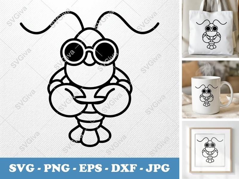 Lobster SVG, Cute Sunglasses Lobster PNG EPS DXF | Cricut Silhouette Cut File, Modern Sea Animal Design