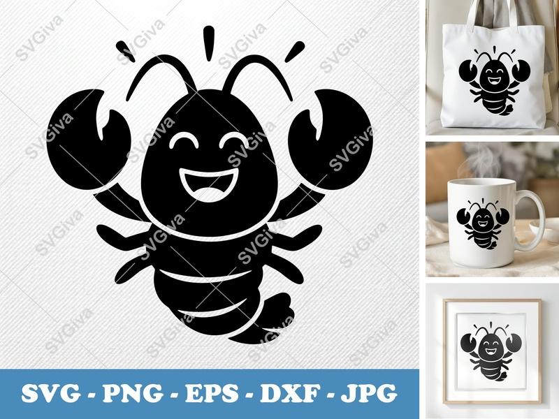 Lobster SVG, Happy Cartoon Lobster Cut File PNG EPS DXF for Cricut, Silhouette, Seafood Ocean Animal Clipart, Beachy Design