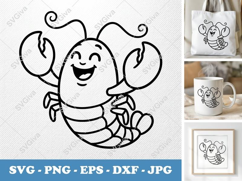 Lobster SVG, Happy Cartoon Seafood Clipart, Line Art PNG DXF EPS for Cricut & Silhouette, Kid's Craft Design