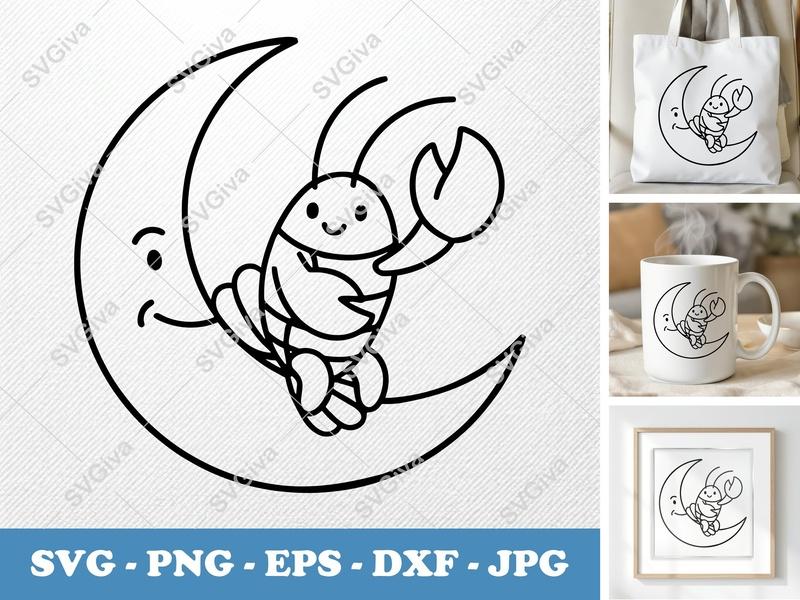 Lobster SVG, Moon Clipart, Cute Animal Outline, Kawaii Lobster, PNG EPS DXF for Cricut & Silhouette