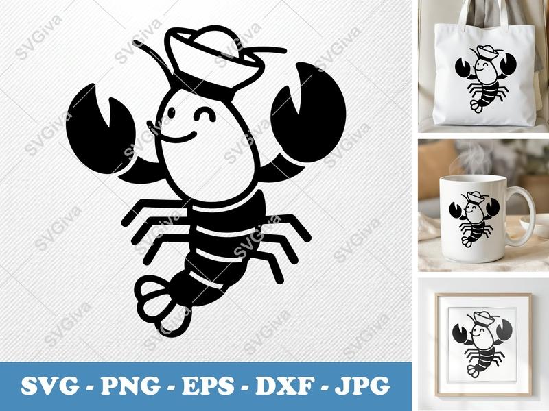 Lobster SVG, Sailor Nautical Sea Animal Clipart, Cute Smiling Marine Crustacean, PNG EPS DXF for Cricut Silhouette Cutting Files