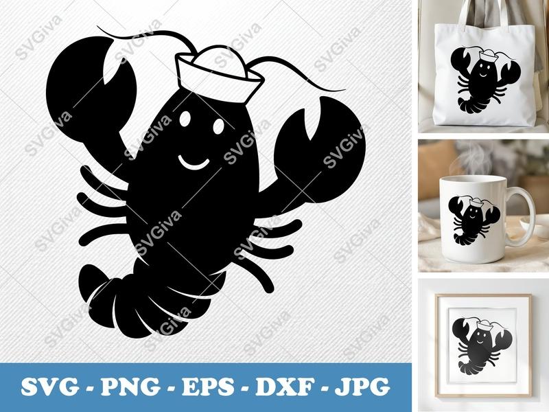 Lobster SVG, Sailor Nautical Sea Animal Clipart, Cute Smiling Ocean Creature, PNG EPS DXF for Cricut & Silhouette
