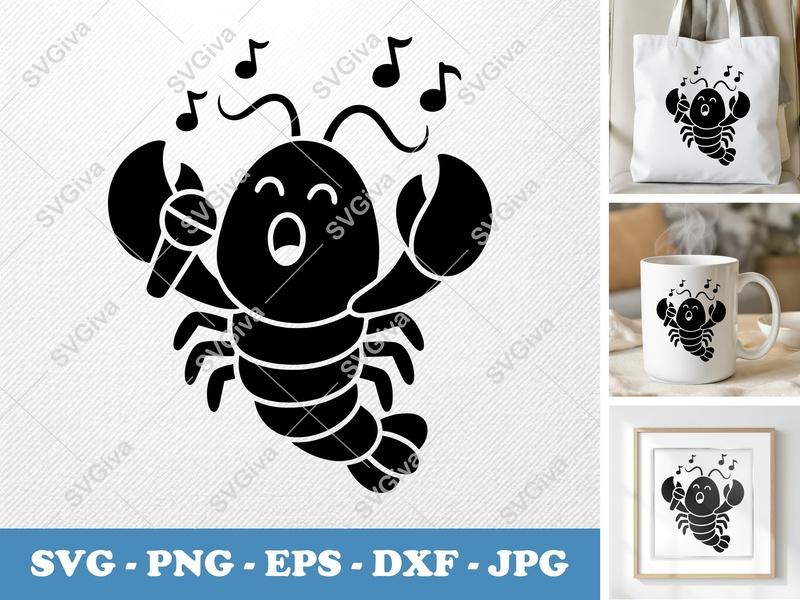 Lobster SVG Singing, Karaoke Singer Clipart, Music Notes, Cute Animal Vector, PNG EPS DXF for Cricut, Silhouette