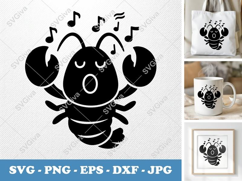 Lobster SVG, Singing Music Notes Clipart, Ocean Animal Vector, Funny Seafood Cut File for Cricut, Silhouette | PNG EPS DXF