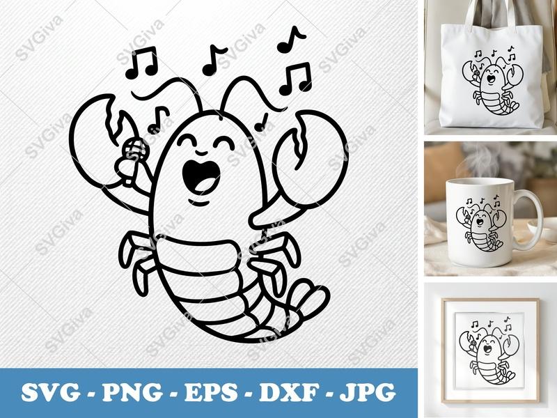 Lobster SVG Singing, Musical Seafood Clipart, Cute Cartoon Ocean Animal, PNG EPS DXF for Cricut Silhouette Cutting Files