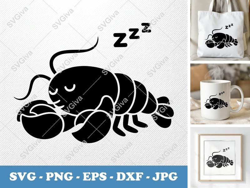 Lobster SVG | Sleeping Lobster Cut File, Cute Zzz Design | PNG EPS DXF for Cricut, Silhouette | Modern Marine Animal Clipart
