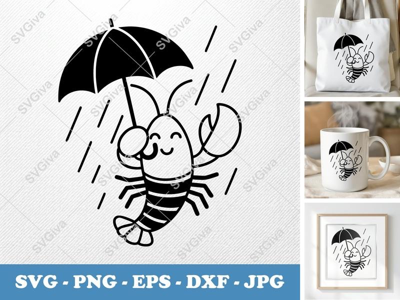 Lobster SVG, Umbrella Rain Clipart, Cute Seafood Design, PNG EPS DXF | Cricut Silhouette File, Funny Ocean Animal Cut