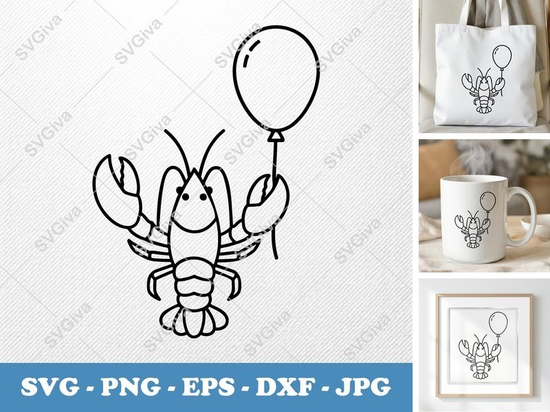 Lobster SVG with Balloon | Outline Clipart, Modern Clean Design | PNG, EPS, DXF for Cricut & Silhouette