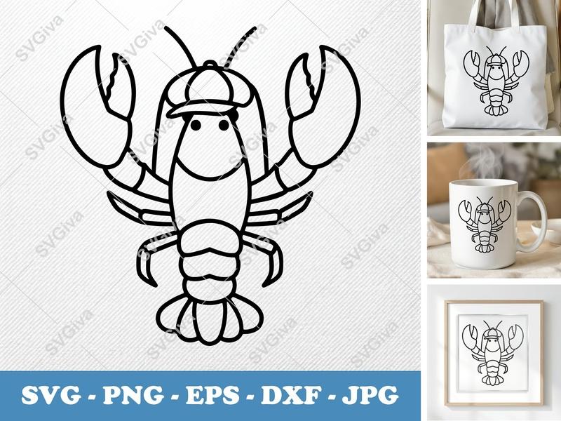 Lobster SVG with Hat, Cartoon Animal Clipart, Modern Outline Design | PNG EPS DXF for Cricut, Silhouette Cut File