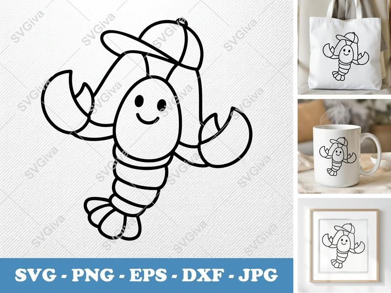 Lobster SVG with Hat, Smiling Lobster Clipart, Cartoon Crustacean EPS PNG DXF for Cricut, Silhouette, Ocean Animal Cut File