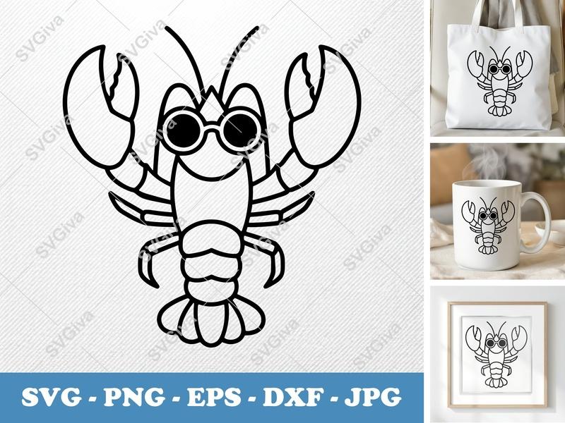 Lobster SVG with Sunglasses | Modern Cartoon Sea Animal Cut File | PNG EPS DXF for Cricut Silhouette Vinyl Decal
