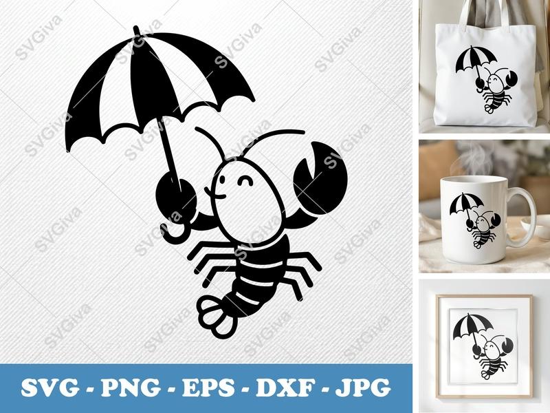 Lobster SVG with Umbrella | Cute Cartoon Seafood Clipart | PNG EPS DXF for Cricut Silhouette