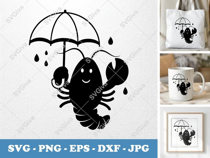 Lobster SVG with Umbrella, Raindrops | Cute Design | PNG EPS DXF | Cricut Silhouette File