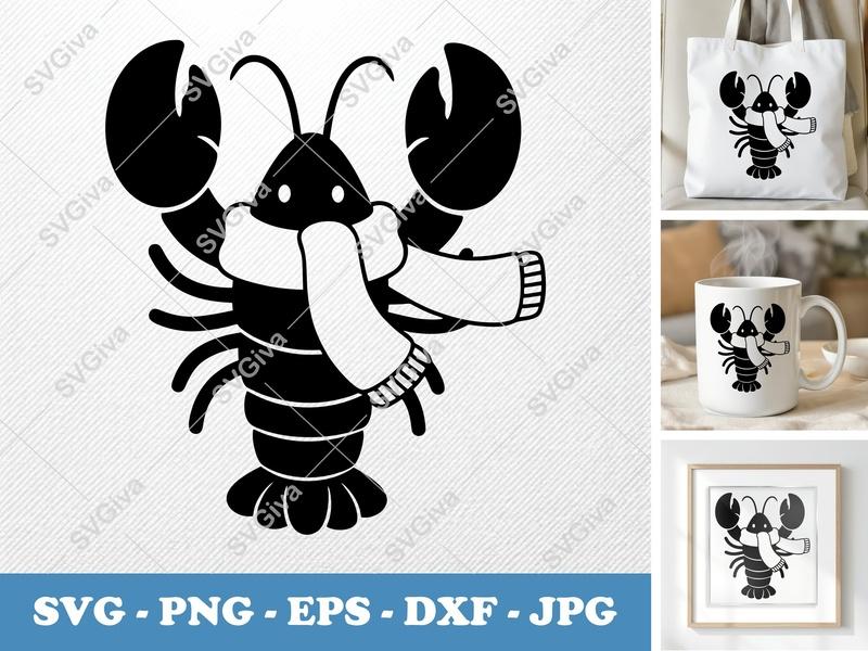 Lobster wearing a Scarf SVG | Puffy Cartoon Design | PNG DXF EPS | Cricut Silhouette File