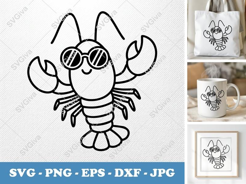 Lobster wearing sunglasses SVG | Friendly Ocean Clip Art | Rounded Bean-shaped Forms | PNG, DXF, EPS | Cricut, Silhouette Cut File