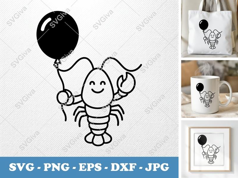 Lobster with Balloon SVG | Friendly Bean-Shaped Cut File | PNG DXF EPS for Cricut Silhouette