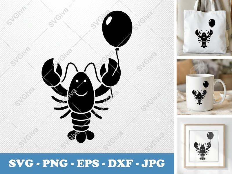 Lobster with Balloon SVG | Puffy Shapes, Inflated Look | PNG DXF EPS | Cricut Silhouette File