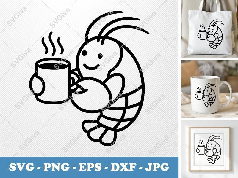 Lobster with Coffee Cup SVG, Friendly Bean-Shaped Design | PNG DXF EPS | Cricut Silhouette File