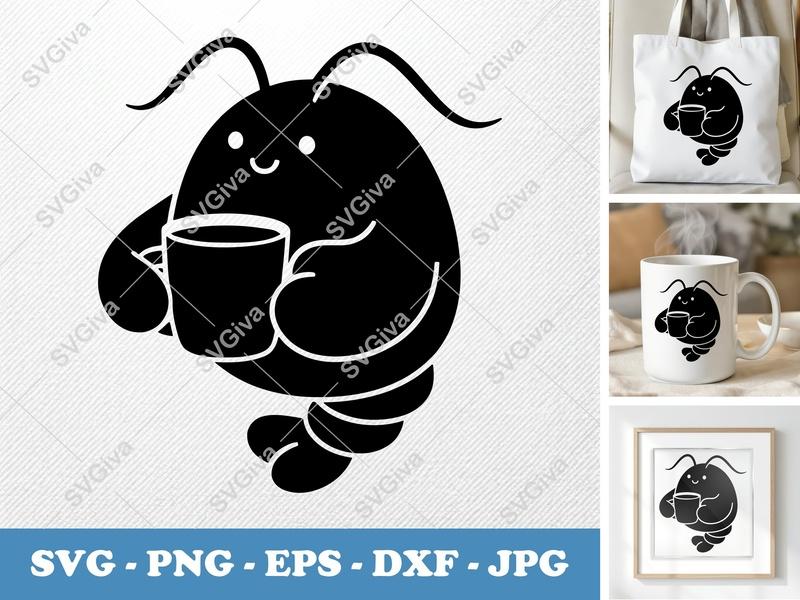 Lobster with Coffee Cup SVG | Inflated Puffy Design | PNG DXF EPS | Cricut Silhouette | Cute Animal Art