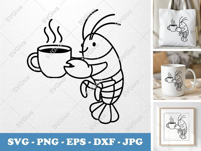 Lobster with Coffee Cup SVG | Minimalist Cartoon Cut File | Bold Black Contour PNG DXF EPS | Cricut Silhouette Design