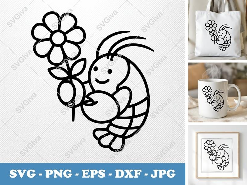 Lobster with Flower SVG, Friendly Bean-Shaped Cut File for Cricut | PNG DXF EPS | Kawaii Sea Creature