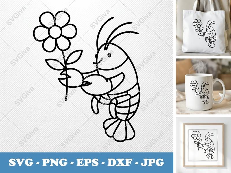 Lobster with Flower SVG | Minimalist Cartoon Cut File | PNG DXF EPS for Cricut Silhouette