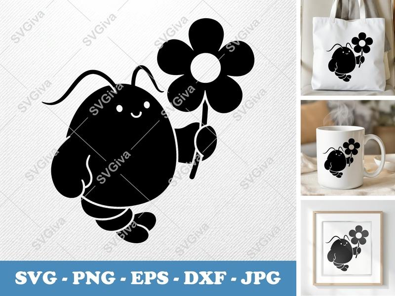 Lobster with Flower SVG | Puffy Cartoon Design | Inflated Pillow Soft Art PNG DXF EPS | Cricut Silhouette File
