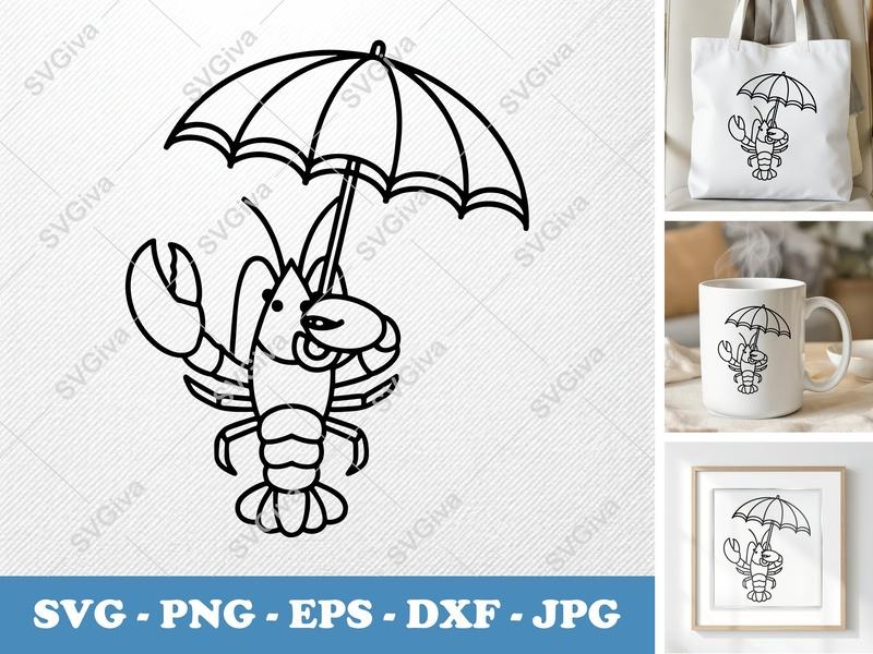 Lobster with Umbrella SVG, Outline Animal Cut File, Modern Sea Creature Clipart, PNG EPS DXF for Cricut, Silhouette