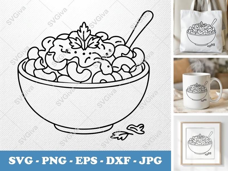Mac And Cheese SVG, Bowl of Macaroni & Cheese with Spoon, Food Outline Clip Art | PNG EPS DXF for Cricut & Silhouette