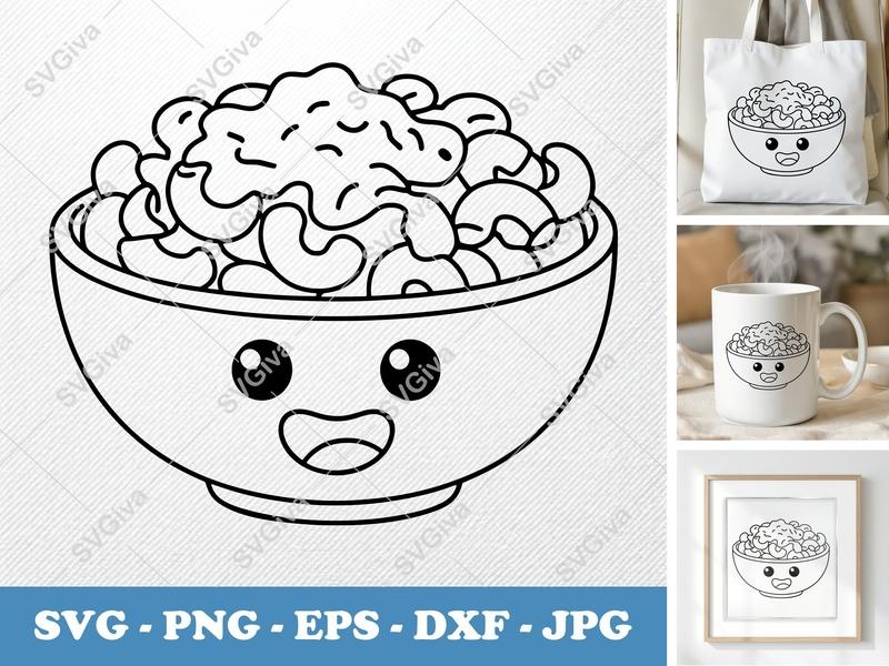 Mac And Cheese SVG | Kawaii Bowl Cut File, Cartoon Food PNG, EPS, DXF for Cricut, Silhouette, Cheesy Pasta Vector, Kids Craft