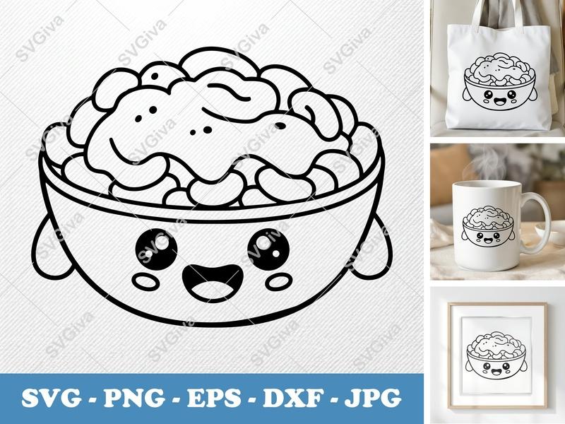 Mac And Cheese SVG, Kawaii Foodie Cut File, Cute Bowl PNG, EPS, DXF for Cricut & Silhouette, Kids Kitchen Craft, Snack Vector