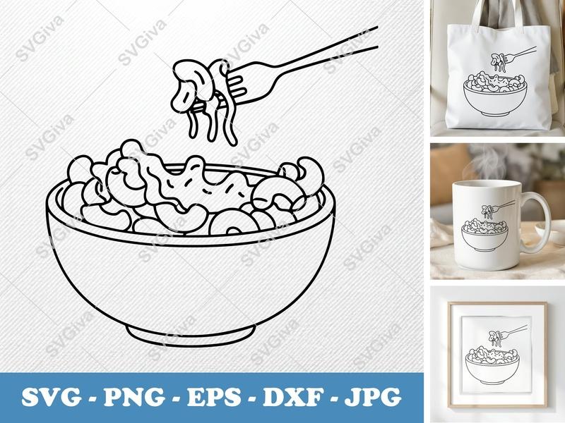 Mac And Cheese SVG, Modern Bowl with Fork Design | PNG EPS DXF | Cricut Silhouette Cut File, Foodie Clipart