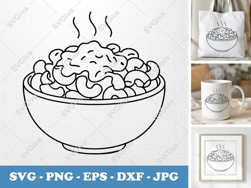 Mac And Cheese SVG | Steaming Bowl Line Art | PNG EPS DXF for Cricut, Silhouette | Modern Pasta Food Cut File