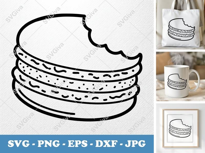 Macaron SVG | Bitten Cookie Dessert Cut File | Sweet Treat Outline | PNG EPS DXF for Cricut, Silhouette