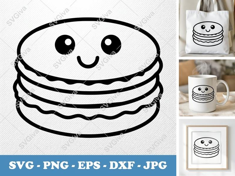 Macaron SVG Kawaii Cute Dessert Face | PNG EPS DXF | Cricut Silhouette Cut File | Sweet Treat Outline