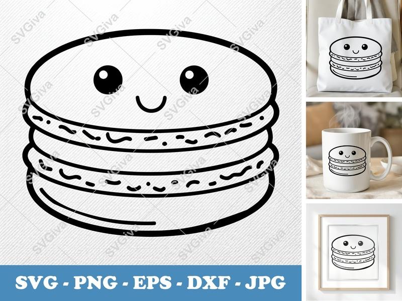 Macaron SVG, Kawaii Dessert Outline, Cute Food Clipart | PNG EPS DXF for Cricut & Silhouette, Sweet Treat Vector Cut File
