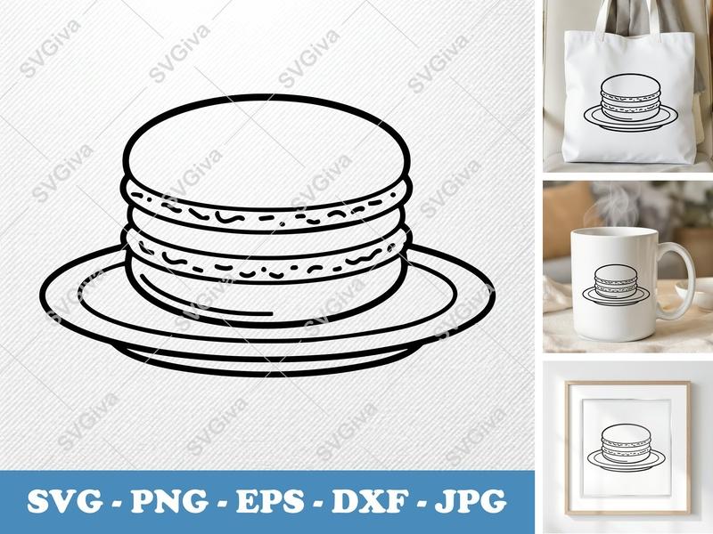 Macaron SVG, Simple Outline Macaron on Plate, Dessert Clipart PNG EPS DXF for Cricut, Silhouette, Bakery Art