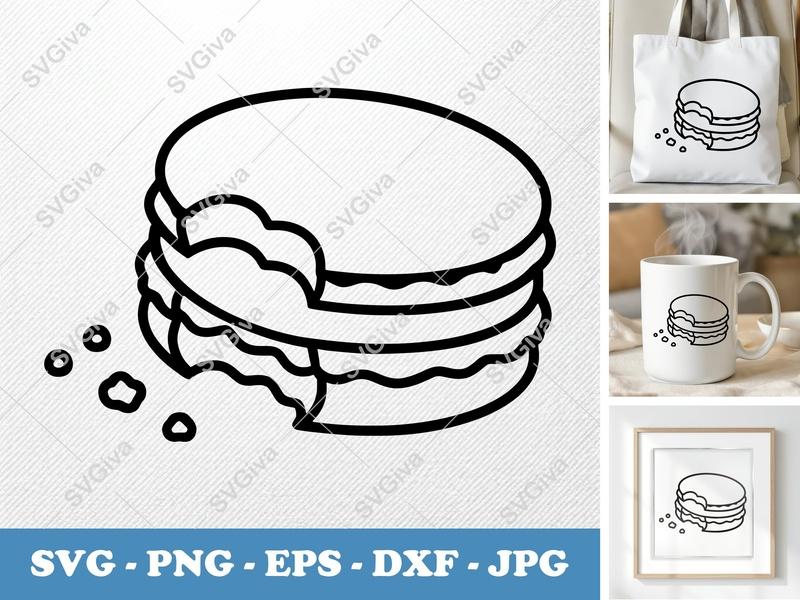 Macaron SVG with Bite Mark | Dessert Outline, Cookie Clipart | PNG EPS DXF for Cricut, Silhouette