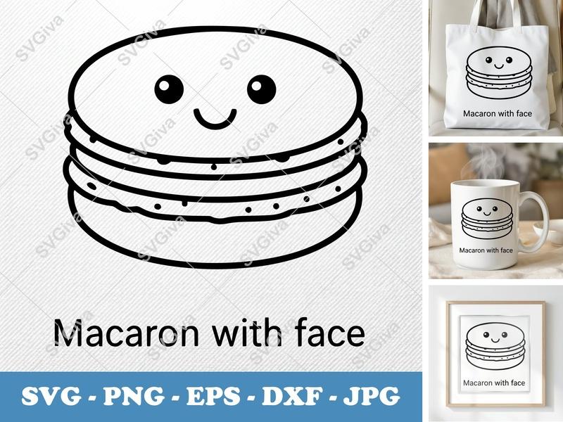 Macaron with Smiling Face SVG | Kawaii Double-Outline Look | Thick Contour, Thin Lines | PNG DXF EPS | Cricut Silhouette | Cute Food