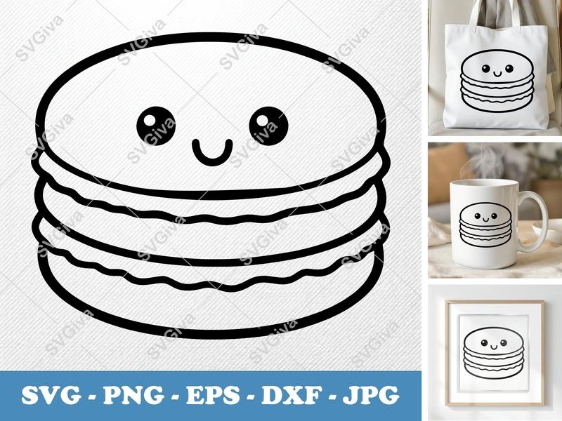 Macaroon Kawaii SVG, Cute Dessert PNG, EPS, DXF Cut File for Cricut & Silhouette, Sweet Treat Vector Clipart