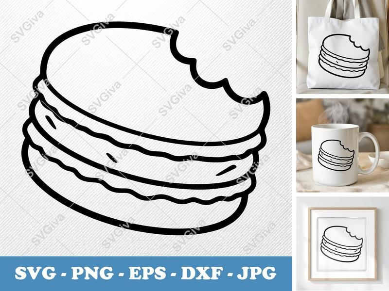 Macaroon SVG Bitten Dessert, Sweet Cookie PNG EPS DXF, Cricut Silhouette Cut File, Bakery Clipart, Modern Food Design