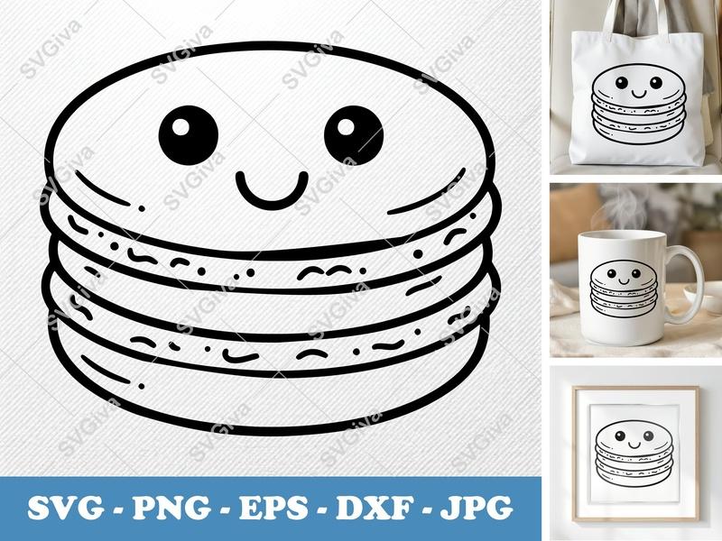 Macaroon SVG | Cute Kawaii Dessert Outline | Happy Face Food | PNG EPS DXF for Cricut Silhouette Cutting Files