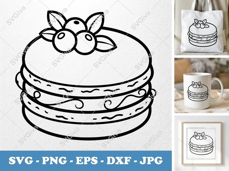 Macaroon SVG, Stacked Dessert with Berries & Leaves | PNG EPS DXF | Cricut Silhouette Cut File, Bakery Clipart