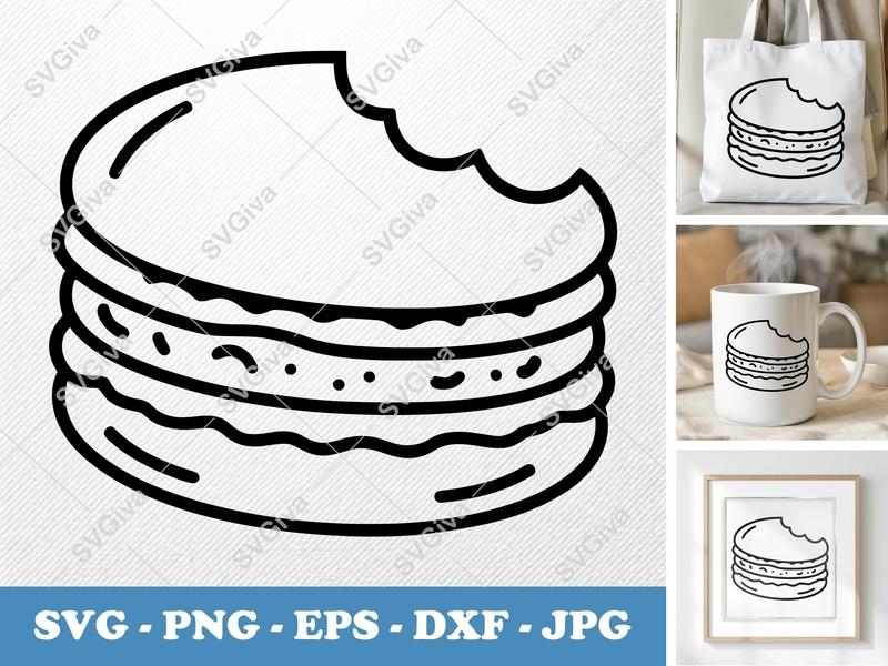 Macaroon SVG with Bite Mark | Modern Dessert Line Art, Food Cut File for Cricut, Silhouette | PNG EPS DXF