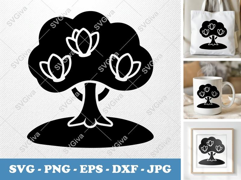 Magnolia Tree on a piece of land SVG, Puffy Icon, Nature Plant PNG, EPS, DXF for Cricut, Silhouette