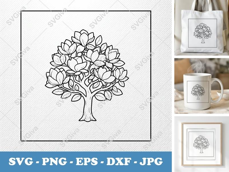Magnolia Tree SVG | Floral Blossom Cut File, Modern Plant Outline | PNG EPS DXF for Cricut, Silhouette