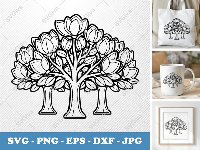 Magnolia Tree SVG | Modern Floral Blossom Cut File | PNG EPS DXF for Cricut, Silhouette | Botanical Outline Design