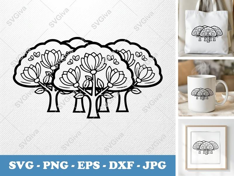 Magnolia Tree SVG | Modern Floral Design, Outline Cut File for Cricut, Silhouette | PNG EPS DXF Vector