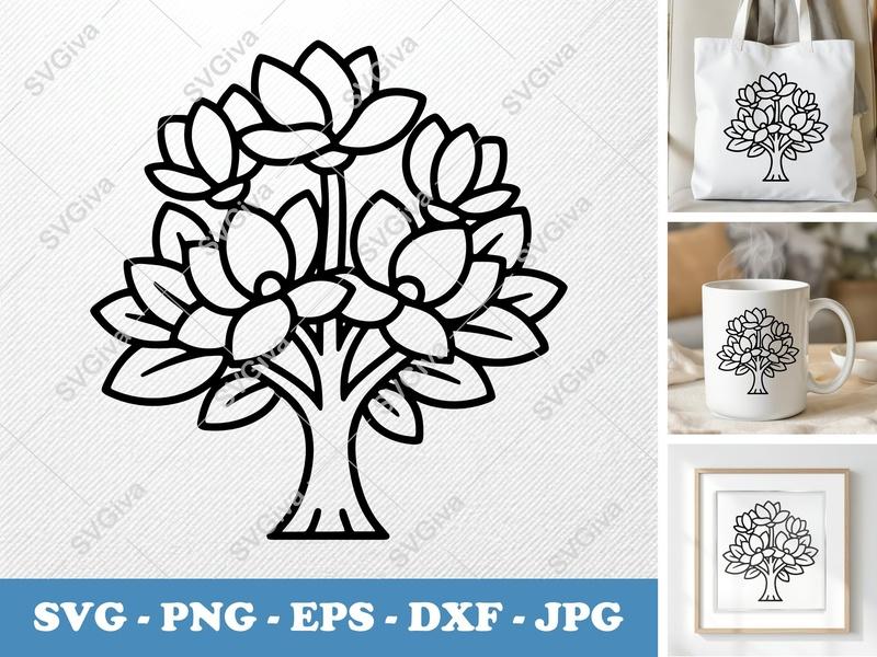 Magnolia Tree SVG | Modern Floral Design, Outline Cut File | PNG EPS DXF for Cricut, Silhouette | Flower Clipart