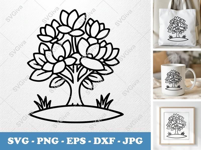 Magnolia Tree SVG | Modern Floral Design, Outline Cut File | PNG, EPS, DXF for Cricut & Silhouette, Flower Clipart